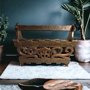 Antique Hand Carved Wooden Newspaper/Magazine Rack Dark Wood Home Decor